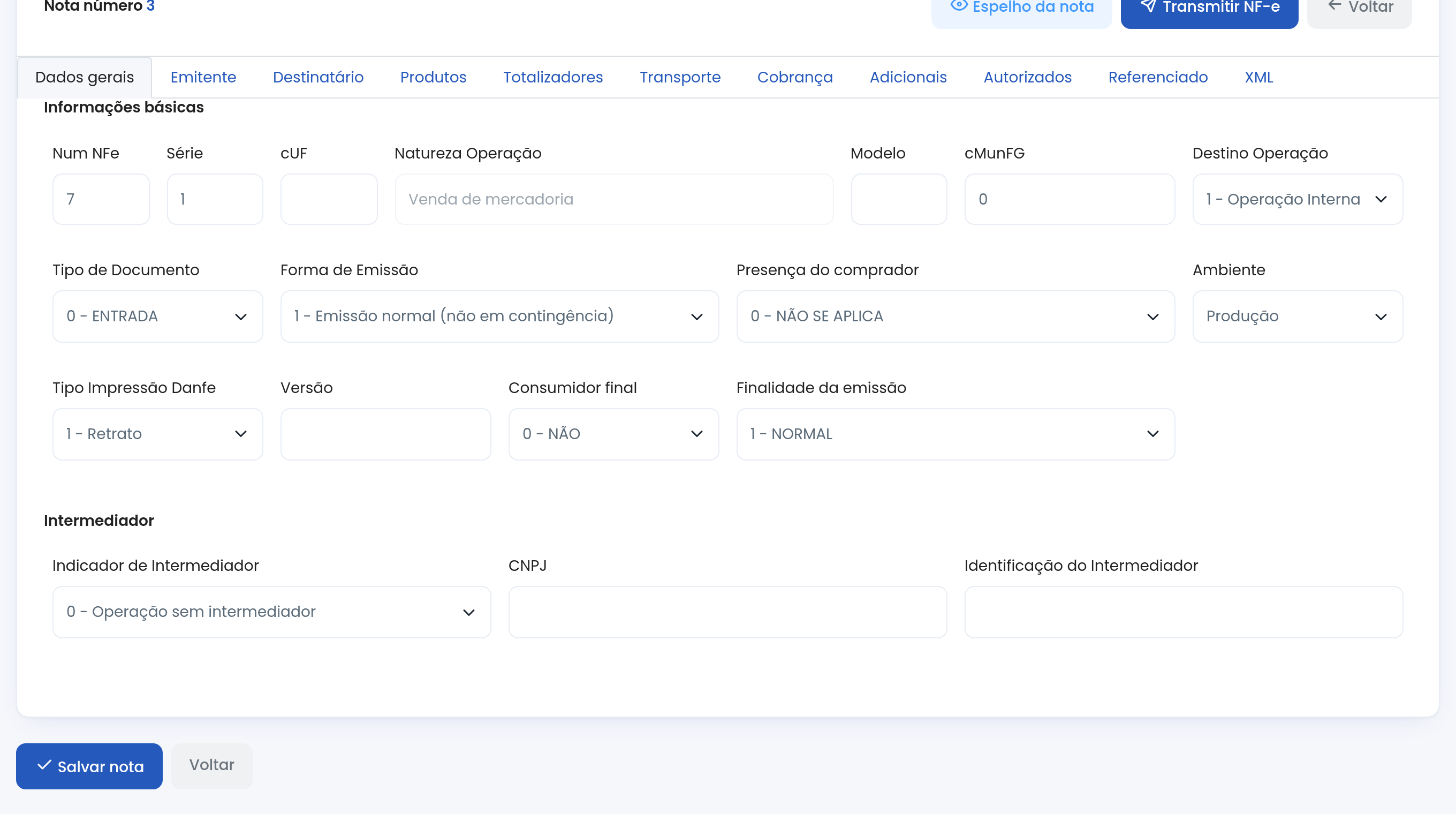 Tela de emissão de NF-e do InsoftERP, com abas de dados gerais, emitente, destinatário, produtos e totalizadores